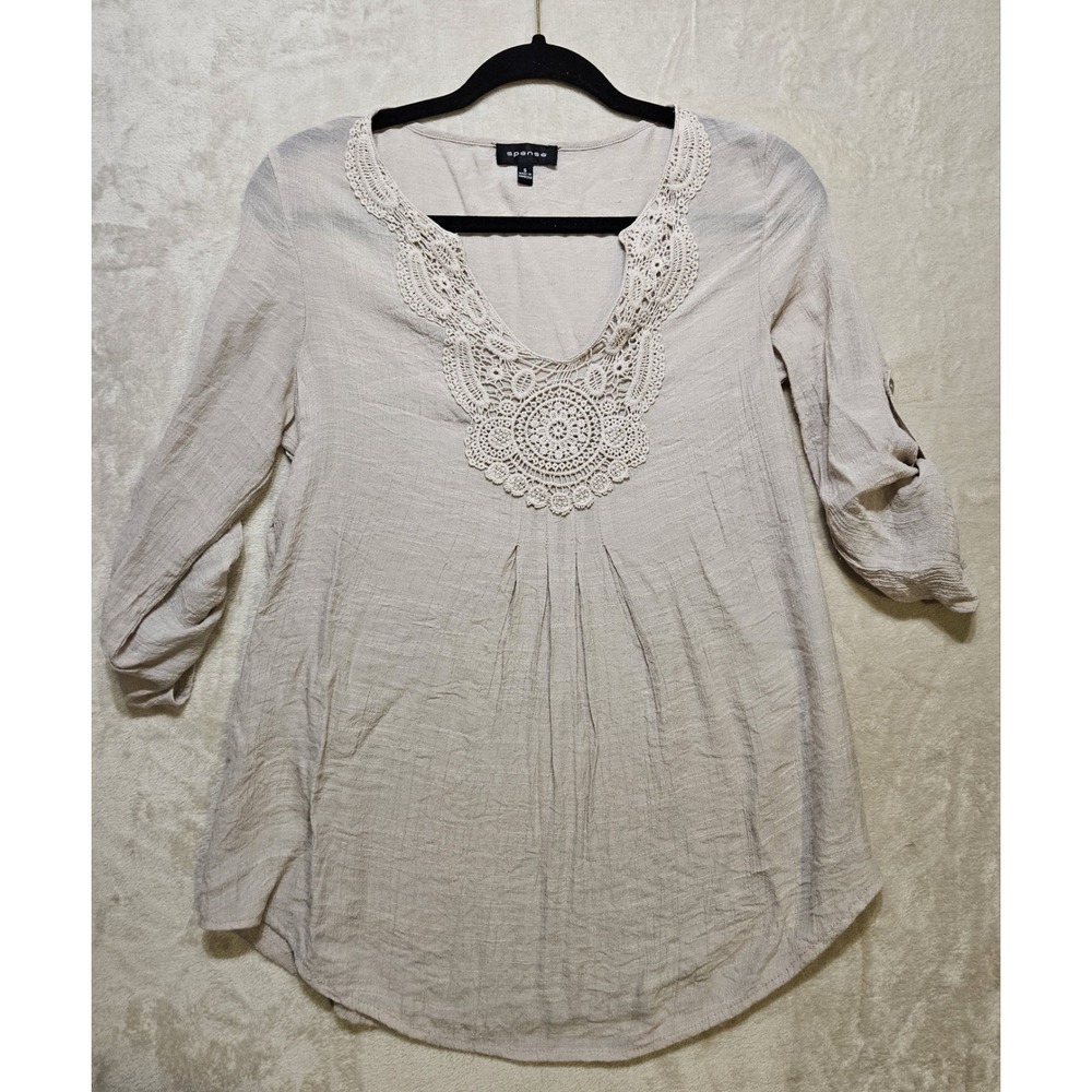 Spense‎ Boho Crochet Lace Bib Top Small Beige Gauze Peasant Blouse